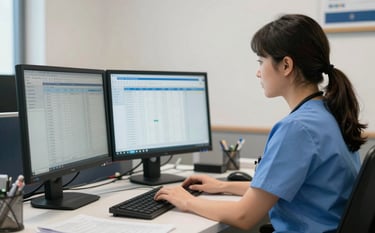A professional medical billing specialist in a North American / US office setting, focused on a dual-monitor setup showing clear, organized data. The office environment is modern with soft off-white walls and navy blue accents in the decor. Natural light creates a bright and trustworthy atmosphere.