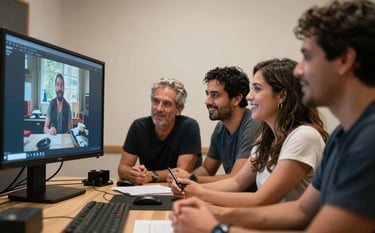 A collaborative meeting between a director and a composer in a professional Latin American / Spanish studio space. They are looking at a film scene on a large monitor, smiling and discussing. Soft off-white walls. Photography style.