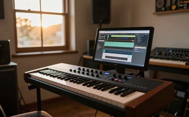 A composer in a cozy, stylish Latin American / Spanish home studio environment, focused on a MIDI keyboard with orchestral virtual instruments visible on a screen. Golden yellow evening sunlight through a window. Photography style.