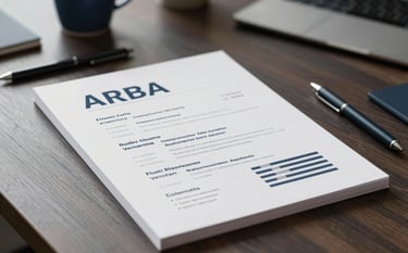 A close-up photograph of a sleek, minimalist professional CV layout resting on a dark wood desk in a modern European office. Soft natural light, high-end stationery nearby, aesthetic using muted blue and off-white tones.