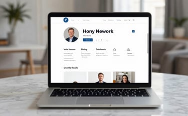 Clean photography of an open laptop on a marble table in a bright European apartment. The screen displays a professional network profile. Off-white and muted blue color scheme, sophisticated atmosphere.