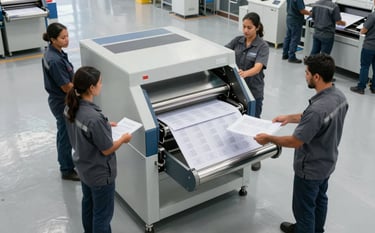 A clean, high-angle professional photograph of a specialized industrial shredder in a bright, modern Latin American facility. Workers in dark blue-gray uniforms and safety gear supervise the destruction of secure documents, conveying a sense of confidentiality and efficiency. The floor is polished light gray concrete.