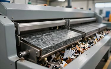 Close-up photograph of a modern sorting line in a Latin American recycling plant. The composition focuses on metallic textures and slate gray machinery. Bright, clear lighting emphasizes a professional and eco-friendly atmosphere within the industrial setting.