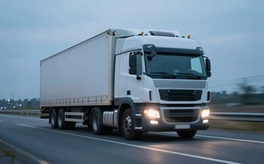 A semi-truck moving swiftly on a highway at dusk, headlights illuminating the road, sleek modern photography with light blue (#7BA0C6) sky tones.