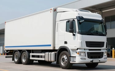 A clean, modern white semi-truck with blue accents (#2A629A) parked in a logistics hub, bright professional lighting, sharp focus, conveying efficiency and reliability.
