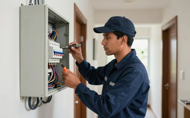 A professional electrician in a clean dark blue uniform meticulously inspecting a circuit breaker panel in a modern South American residential hallway. Natural bright lighting, sharp focus on the tools and wires, portraying safety and expertise. The atmosphere is professional and organized.