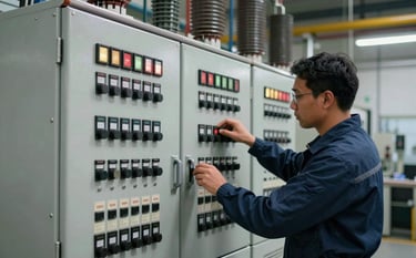 A sophisticated industrial electrical environment in South America. A specialist in protective gear is checking a large, complex control panel with many switches and indicators. The lighting is crisp, highlighting the technical expertise and the dark blue and silver tones of the equipment.