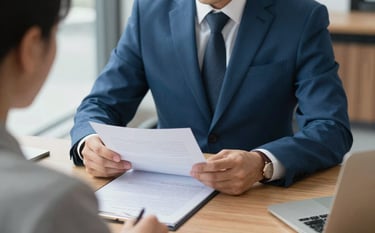 A professional consultation scene where a lawyer and a client are reviewing documents in a modern office. The lawyer is wearing a steel blue suit. The atmosphere is one of focused expertise and clear communication.