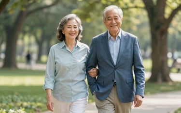 A professional portrait of a serene senior couple walking in a sunlit park. They are dressed in smart casual clothes with steel blue and pale mist tones, smiling confidently. The lighting is soft and natural, emphasizing a secure and happy future.