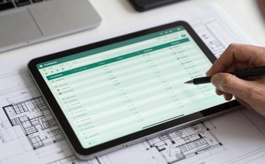Close-up of a professional engineering workstation with a tablet displaying a financial spreadsheet and detailed architectural blueprints. Focus on precision and cost control. Palette includes #52796F and #CAD2C5.