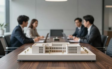 A minimalist meeting room where a scale architectural model sits on a dark oak table. Blurred engineers in the background represent consulting and strategy. Professional lighting, sophisticated feel. Colors: #2F3E46, #84A98C.
