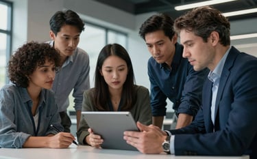 Professional photography of a diverse group of tech experts in a North American studio collaborating over a tablet device, sophisticated office environment, clean lines, grayish blue and dark blue color palette, professional soft lighting.