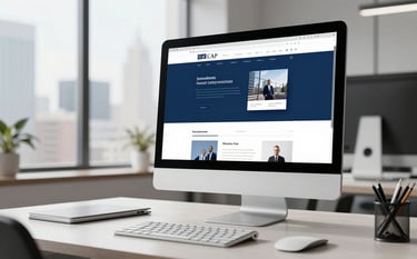 A high-end, clean photography of a professional minimalist office in a North American city, featuring a sleek desktop computer with a high-resolution display showing a sophisticated website layout, accented with dark blue and mid blue tones, natural bright light.