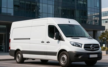 A clean Arctic White delivery van parked in a modern business district, with clean lines and Deep Midnight Blue office buildings reflected in the glass.