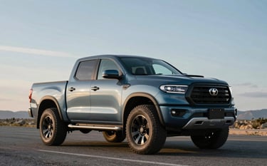A professional photograph of a Slate Blue 4x4 pickup truck parked on a clean asphalt road during a clear day with Soft Silver Blue skies in the background.