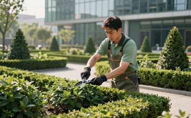 A professional landscaper in professional workwear pruning ornamental shrubs in a beautifully manicured corporate green space in a Central European / French business district. The scene is bright with soft morning sunlight. Palette includes deep forest green and soft sage green tones.