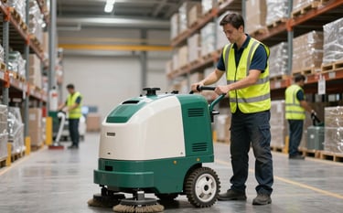 Professional cleaners wearing high-visibility vests operating heavy-duty industrial floor scrubbers in a vast, modern Central European / French logistics warehouse. The lighting is bright and industrial, highlighting the meticulous cleaning process. Brand colors deep forest green and off-white are visible in the equipment and setting.