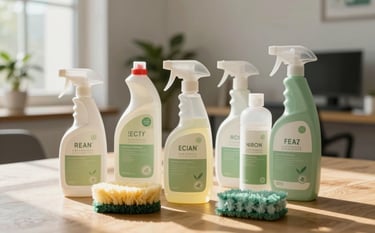 A collection of eco-friendly, professional cleaning products in clear containers arranged on a wooden table in a sunlit, modern Central European / French office. The atmosphere is clean and trustworthy. Palette uses off-white and soft sage green colors.