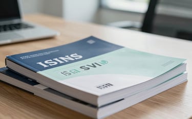 A clean, bright close-up shot of several professional academic journals with ISSN logos printed on their covers, stacked neatly on a wooden desk. In the background, a blurred modern Southeast Asian / Indonesian office setting with soft natural light. Colors include Steel Blue and Soft Mint White elements.