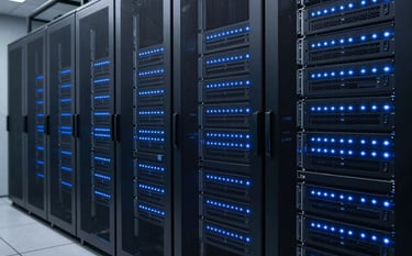 A sleek, modern server room in a Global / International tech hub. The racks are neatly organized and glowing with soft Steel Blue LED indicators against the Dark Navy shadows of the room, symbolizing high-end digital security and reliability.