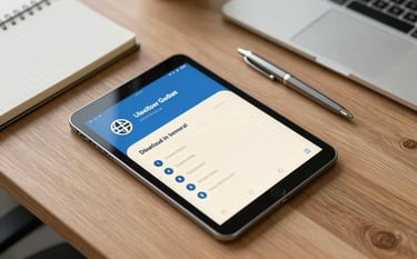 A top-down professional desk shot in a modern Global / International office. A tablet sits on the wooden surface showing a clean mobile app interface with Steel Blue and Off-White elements. Beside it are a designer's notebook and a sleek metallic pen under soft, natural lighting.