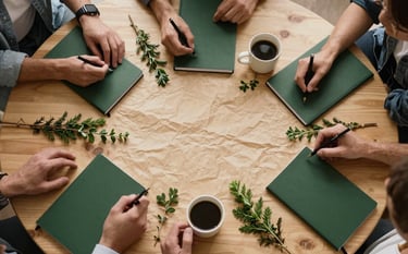 A top-down Scandinavian-style shot of a Crisp Parchment colored wooden table where a team is planning. There are Matte Forest Green notebooks, a cup of coffee, and fresh organic herbs scattered around. Professional, warm, and authentic atmosphere.