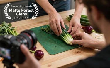 A professional behind-the-scenes shot of a content creator arranging a flat lay of fresh vegetables. A camera is visible in the frame. Palette includes Matte Forest Green and Deep Ripe Crimson.