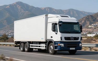 A sleek, modern white logistics truck driving through a clean Chilean highway with the Andes mountains in the background under bright daylight. The scene is professional and high-tech, incorporating deep blue #0A1F28 and teal accents #3A5F70 in the vehicle's subtle branding. Minimalist and corporate style.