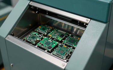 A high-detail industrial photograph of a secure electronic shredding machine. Metallic fragments of circuit boards and drives are visible. The aesthetic is modern and safe, utilizing a darkest teal and sage teal color scheme with bright, focused lighting.