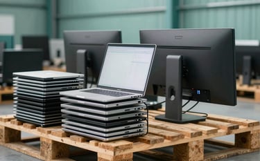 A professional photography shot of a clean, organized electronic waste collection area. Neatly stacked modern silver laptops and dark grey monitors sit on a wooden pallet. The lighting is bright and industrial, featuring tones of soft mist teal and deep forest teal in the environment.