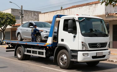 A professional white and blue flatbed tow truck parked on a clean Brazilian urban street. A uniformed driver is securing a modern sedan. Bright, clear daylight, highlighting reliability and efficiency. The scene conveys a sense of security and prompt assistance in a South American metropolitan setting.