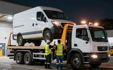 A heavy-duty industrial tow truck lifting a large delivery van in a Brazilian warehouse district. Night scene with professional emergency lighting, showing the truck's robust mechanisms and the team's efficiency in high-pressure situations. Strong focus on safety and professional gear.