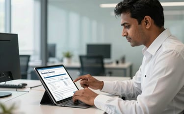 A South Asian professional in a crisp white shirt working in a modern, sunlit Bangalore office. The composition focuses on a tablet displaying business registration forms on a clean desk. The color palette features light blue and off-white tones, projecting modern efficiency and trust.