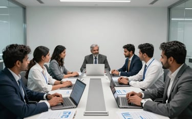 A wide shot of a clean, high-tech conference room in an Indian corporate building. A group of South Asian professionals are gathered around a table with laptops and financial charts. The scene is lit with cool, professional white light, emphasizing a tech-driven and trustworthy atmosphere.