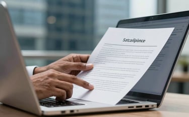 A close-up of professional South Asian hands reviewing statutory compliance documents on a sleek laptop in a sophisticated Gurugram business center. The lighting is bright and airy, with medium blue and dark blue accents in the background architecture.