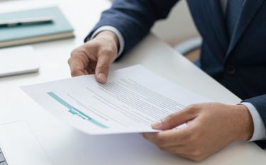 Close-up of hands reviewing corporate documents on a clean white table, symbolizing trust and attention to detail. The lighting is professional and bright. Subtle teal #2C5F6D and navy #0D232C accents appear in the office stationery.