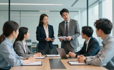 A group of professional business consultants in a modern, glass-walled boardroom discussing a strategy map. The mood is supportive and innovative. Sophisticated lighting with a color palette emphasizing #2C5F6D and #E8F3F5 in the architectural details.