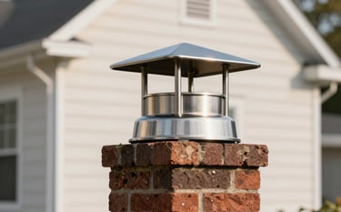 A high-quality stainless steel chimney cap installed on a sturdy brick chimney of a North American / US home. The morning light reflects off the metal, highlighting its clean, modern design against a soft off-white house exterior.