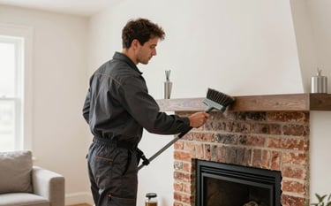 A professional chimney sweep in dark charcoal work attire using specialized brushes to clean a brick fireplace in a clean, modern North American / US living room. The scene is bright and professional, highlighting the soft off-white walls and silver gray accents.