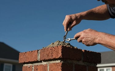 Close-up photography of a skilled technician repairing mortar on a red brick chimney top against a clear midnight blue sky in a North American / US suburban neighborhood. Sturdy silver gray tools are visible, conveying expert workmanship.