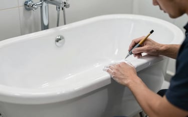 Professional restoration technician applying a high-gloss white protective coating to a large bathtub in a New York bathroom. The scene is bright and industrial-clean, focusing on the smooth, reflective finish of the porcelain. High-quality photography, industrial premium aesthetic.