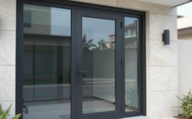 A close-up photograph of a modern residential entrance in Al Munsiyyah featuring a high-quality black aluminum frame glass door. The lighting is bright and clear, emphasizing the durable craftsmanship and sleek finish of the aluminum. The architectural style is minimalist and sophisticated, with brand colors #1F2937 and #4B5563 appearing in the door frame and surrounding stone textures.