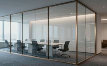 A clean, modern office interior showing elegant glass partitions with thin bronze-colored (#A68A6B) aluminum profiles. The atmosphere is professional and sophisticated. Soft, diffuse lighting highlights the clarity of the glass. The color palette includes #4B5563 for flooring and #F9FAFB for the walls, creating a trustworthy and reliable feel.