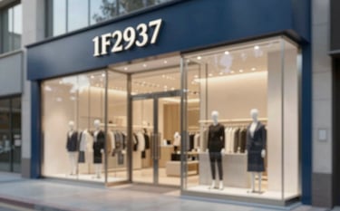 A high-end commercial shopfront featuring large, clear glass panels and a structural aluminum framework. The design is modern and striking, suitable for a luxury brand. The brand's color #1F2937 is used for the metal frames, while the lighting reflects a professional, clean street-side view in a developed area like Al Munsiyyah.