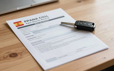 Official Spanish vehicle registration documents and car keys resting on a clean wooden desk, symbolizing professional administrative management and legal compliance, soft natural light.