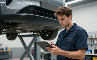 A professional technician in a clean uniform using a tablet to inspect a modern car on a lift inside a contemporary Spanish workshop, high-quality lighting, professional and efficient atmosphere.