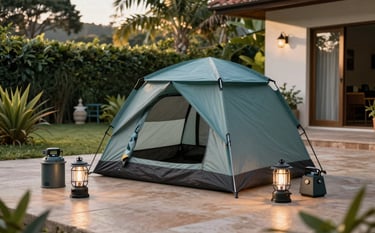 A set of modern camping equipment including a high-tech tent and specialized lanterns, arranged on a patio of a South American / Brazilian home with a lush garden background. Warm morning sun, clean composition, muted teal and grey color palette.