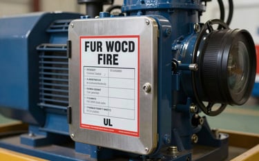 Close-up shot of a UL and FM certified fire pump plate on a heavy-duty industrial pump. The setting is a professional engineering environment with steel blue and dark navy tones, emphasizing robust reliability and specialized expertise.