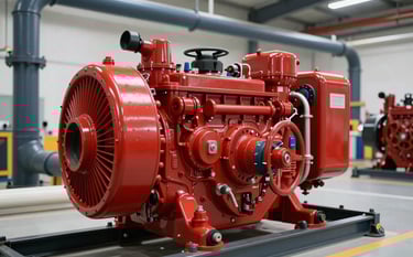 Professional photography of a large industrial diesel fire pump painted in fire-engine red, installed in a clean modern facility with charcoal blue and cloud white pipes. Sharp focus on the engine components, metallic textures, bright industrial lighting.