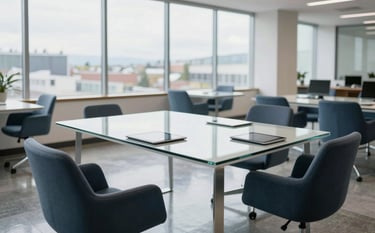 A bright, modern North American office interior in Spokane, Washington. A clean glass desk with professional tablets, minimalist furniture in slate blue and deep navy, and abundant natural light reflecting off polished floors.